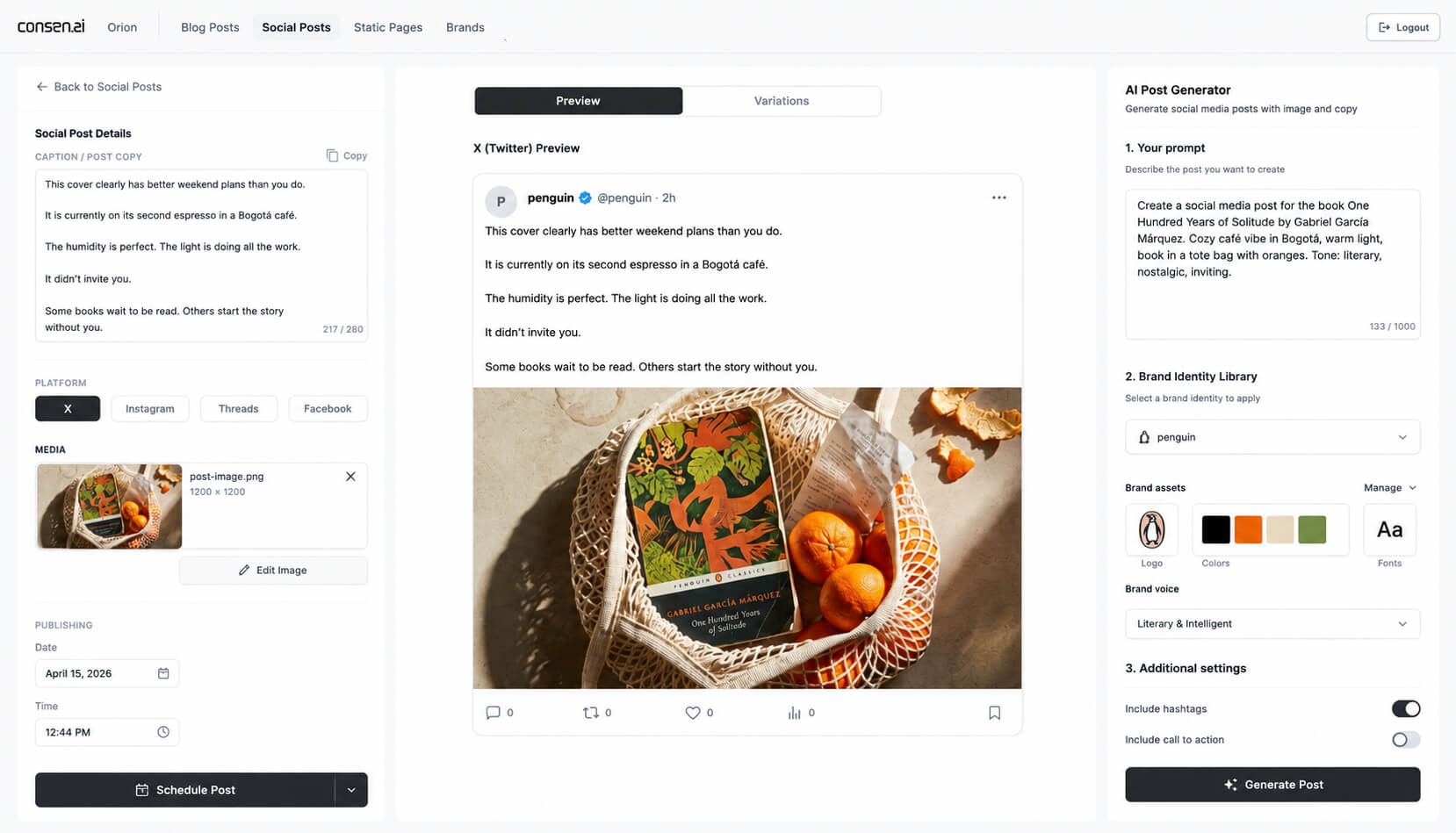 Orion social content generation